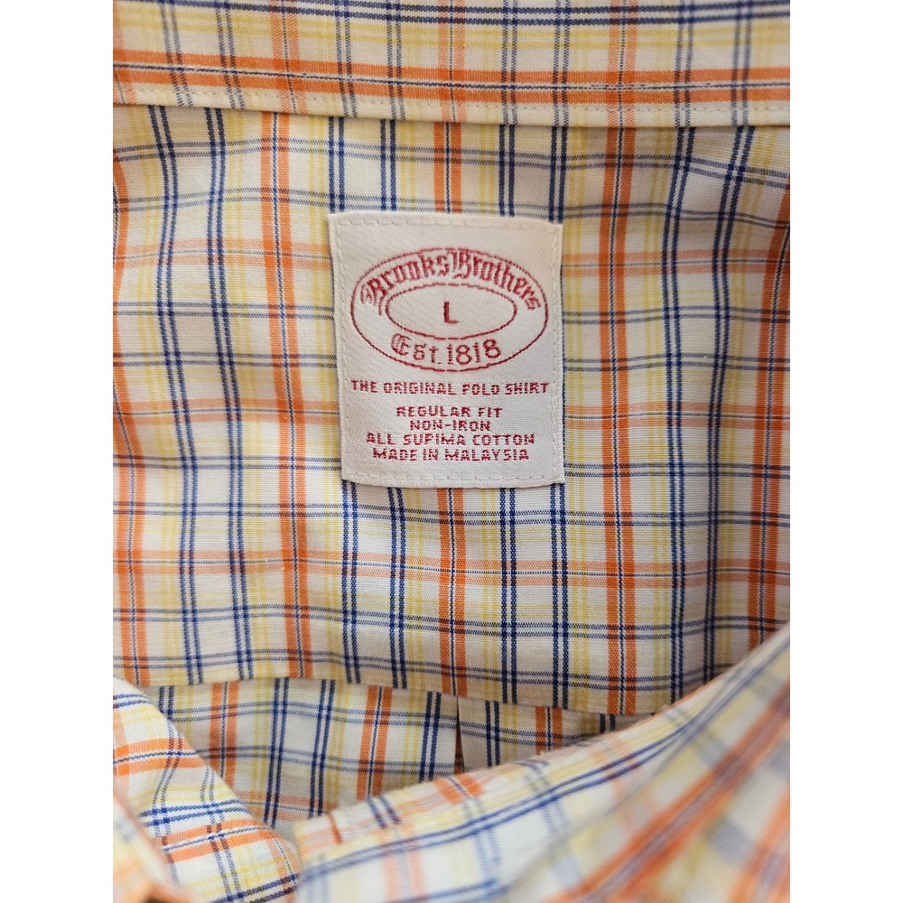 Brooks Brothers Plaid Shirt Mens L Orange Blue Supima Cotton Short Sleeve Preppy